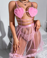 Heart-shaped Cutout Sheer Mesh Chemise and Thong Set