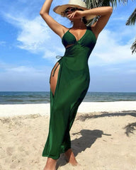 Solid Color Halter Bikini and One-shoulder Long Cover-up Set