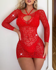 Heart Shaped Cutout Rhinestone High Elastic Fishnet Bodycon Dress