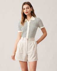 The Lapel Button Up Striped Knit Top