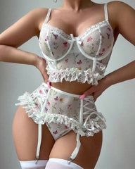 Floral Print Lace See-through Mesh Lingerie Set with Stockings