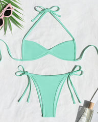Solid Color Halter Neck Mini Pleated Beach Bikini