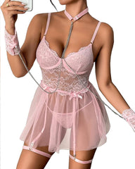 Lace Sheer Mesh Chemise and Thong Lingerie Set