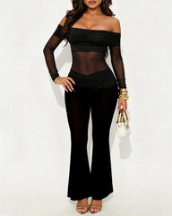 Women's Off-Shoulder Sheer Mesh Panel Elastic Slim Fit Long-Sleeved Jumpsuit