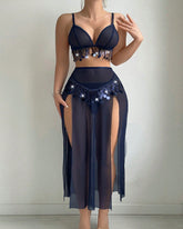 Sheer Mesh Tassel-decorated Deep V-neck Top and High-slit Long Skirt Lingerie Set