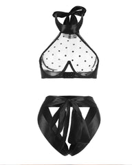 Black Polka Dot Backless Sheer Openwork Lingerie Set