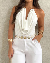Women's Halter Neck Choker-Decorated Solid Color Bodysuit