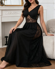 Deep V See-through Lace Patchwork Long Nightgow