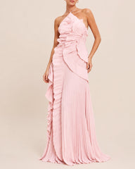 Halter Neck Backless Ruffled Maxi Dress