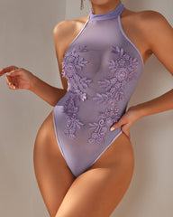 Halter-neck Sleeveless Sheer Water-soluble Floral Embroidery Lingerie Bodysuit