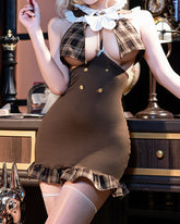 Open-chest Plaid Patchwork Detective Uniform Role-playing Lingerie Set