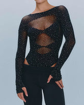 Rhinestone Stretch Fishnet Round Neck Long Sleeve Bodysuit