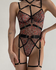 Leopard Print See-Through Mesh Bondage Underwire Bodysuit