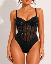 Sparkly Rhinestone See-through Mesh Bodysuit