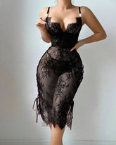 Flower Lace Hollow See-Through Side Strap Long Suspender Dress
