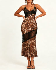 Leopard See-through Lace Patchwork Bodycon Long Slip Dress