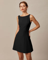 Black Sleeveless Boat Neck Mini Dress