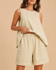 Casual Pure Cotton Sleeveless Vest and High Waist with Pocket Short Suit
