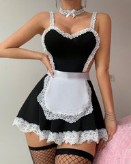 Lace Patchwork Open Back Maid Uniform Lingerie Set