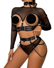 Strappy Halter Neck Corset Mesh Long-sleeved Lingerie Set