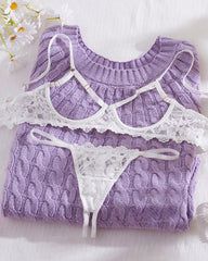 Lace Floral Openwork Bra and Thong Lingerie Set