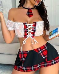 Lace Plaid Patchwork Colorblock Role-playing Lingerie Set