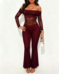 Women's Off-Shoulder Sheer Mesh Panel Elastic Slim Fit Long-Sleeved Jumpsuit