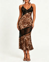 Leopard See-through Lace Patchwork Bodycon Long Slip Dress