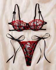 Sheer Mesh Heart-shaped Embroidery Underwire Lingerie Set