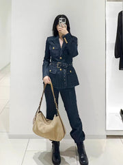 Metal Button Tweed Belted Blazer