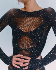 Rhinestone Stretch Fishnet Round Neck Long Sleeve Bodysuit