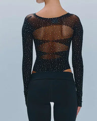 Rhinestone Stretch Fishnet Round Neck Long Sleeve Bodysuit