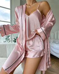 Ice Silk Camisole Shorts Robe Three-piece Loungewear Set