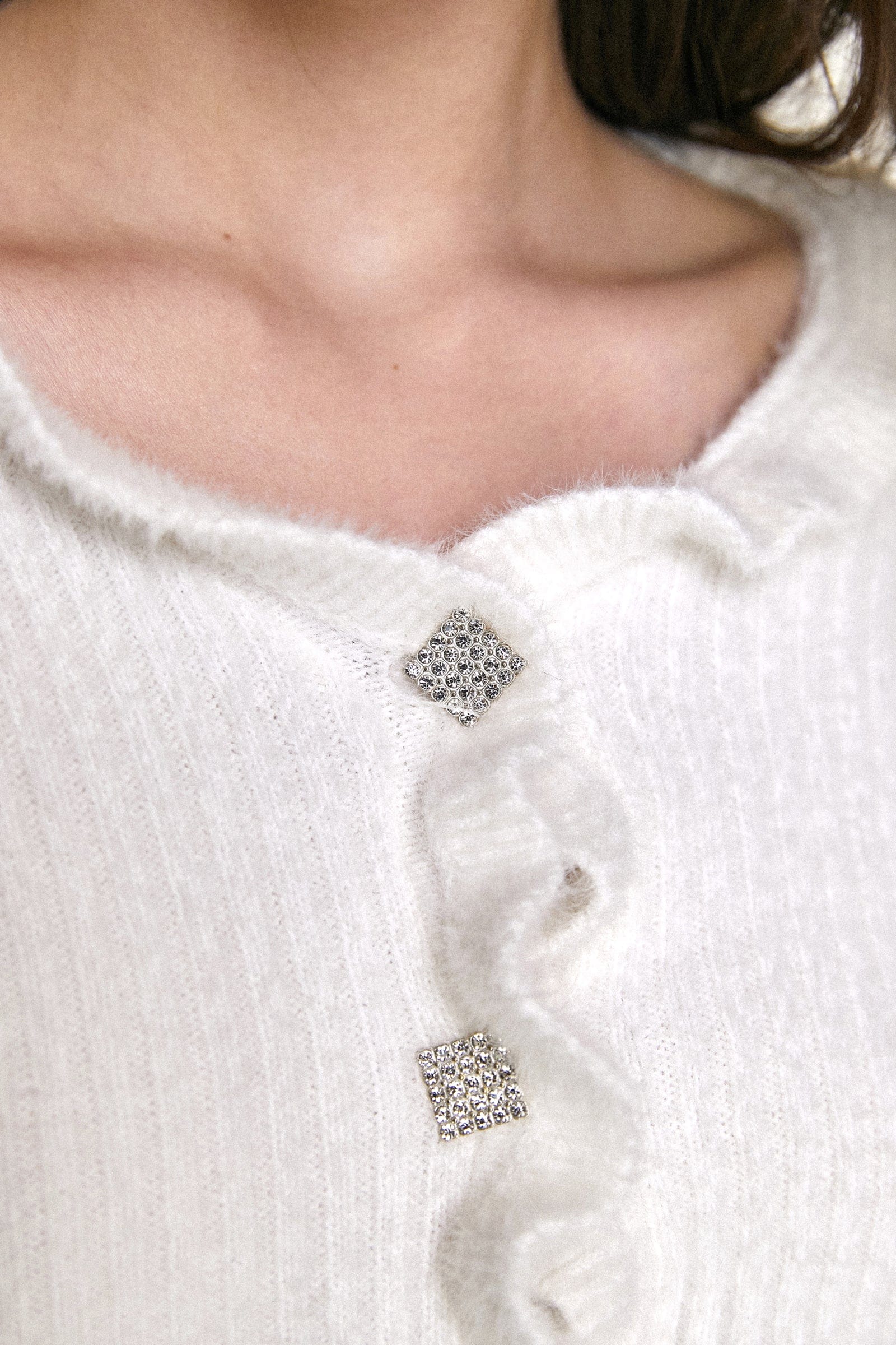 White Ruffle Trim Ribbed Knit Fitted Cardigan