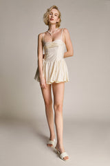 Ivory Ruched Sweetheart Neck Spaghetti Strap Mini Dress