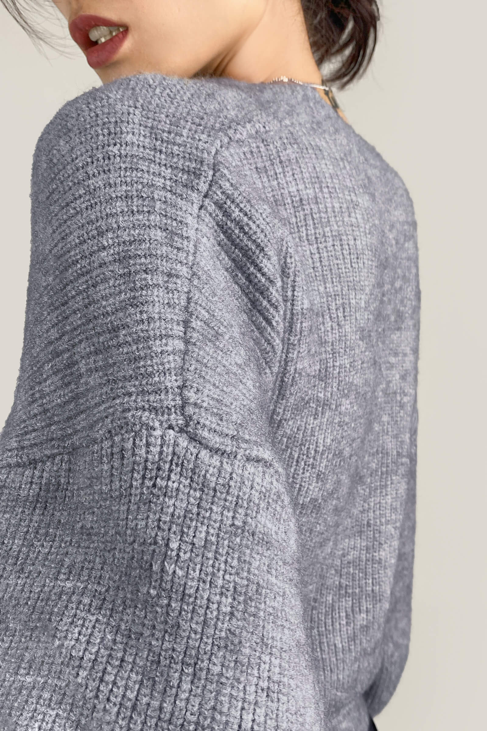 Grey Ribbed Knit Wrap Tie Side Cardigan