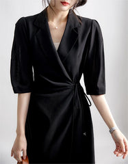 Black Khaki Wrap Front Tie Side Blazer Dress