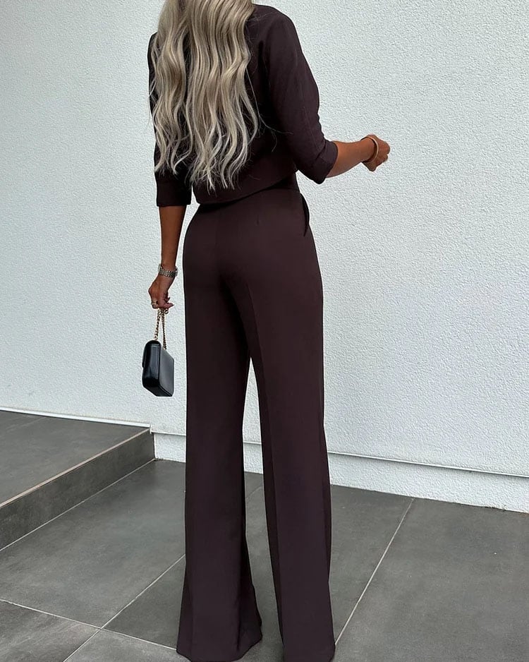 Fashionable solid color high waisted straight pants suit
