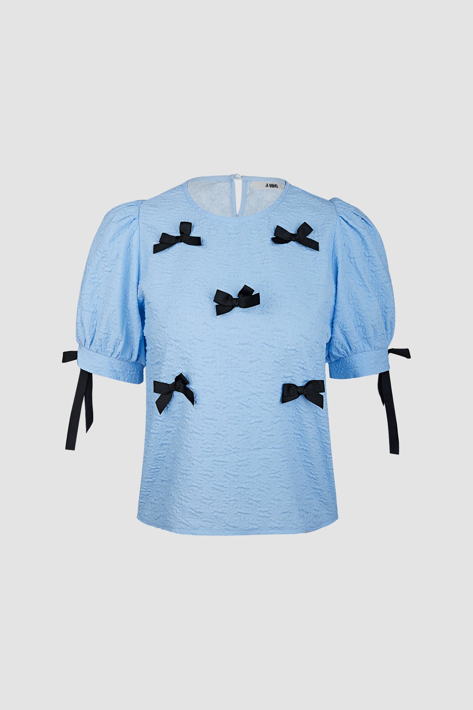 Cornflower Blue Textured Bowknot Decor Puff Sleeve Blouse