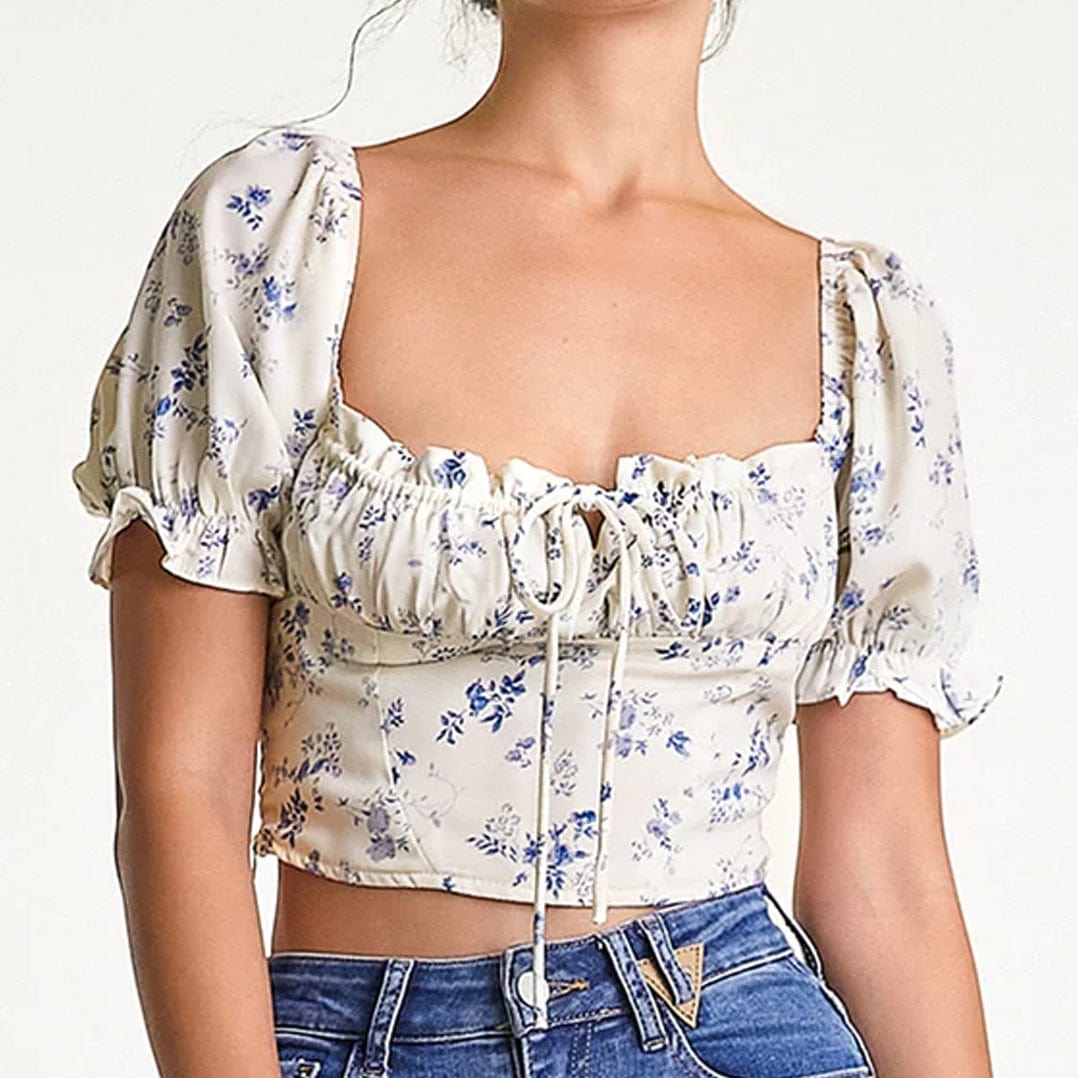 Ivory Floral Print Square Neck Cropped Blouse