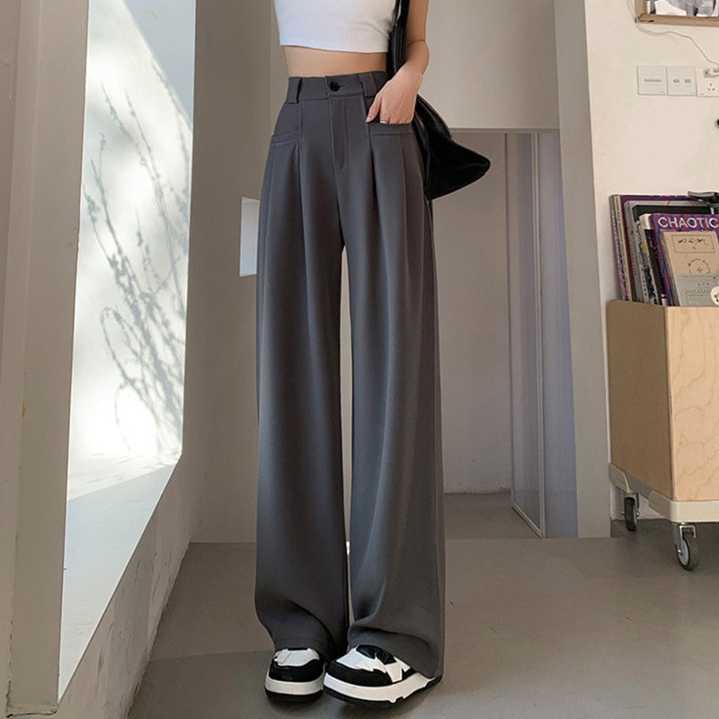 Gray Wide-Leg Slip Pocket Straight Suit Pants