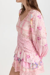 Pink Floral Print Balloon Sleeve Tiered Mini Dress