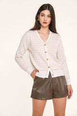 White Jacquard-Knit V-Neck Button-Up Cardigan