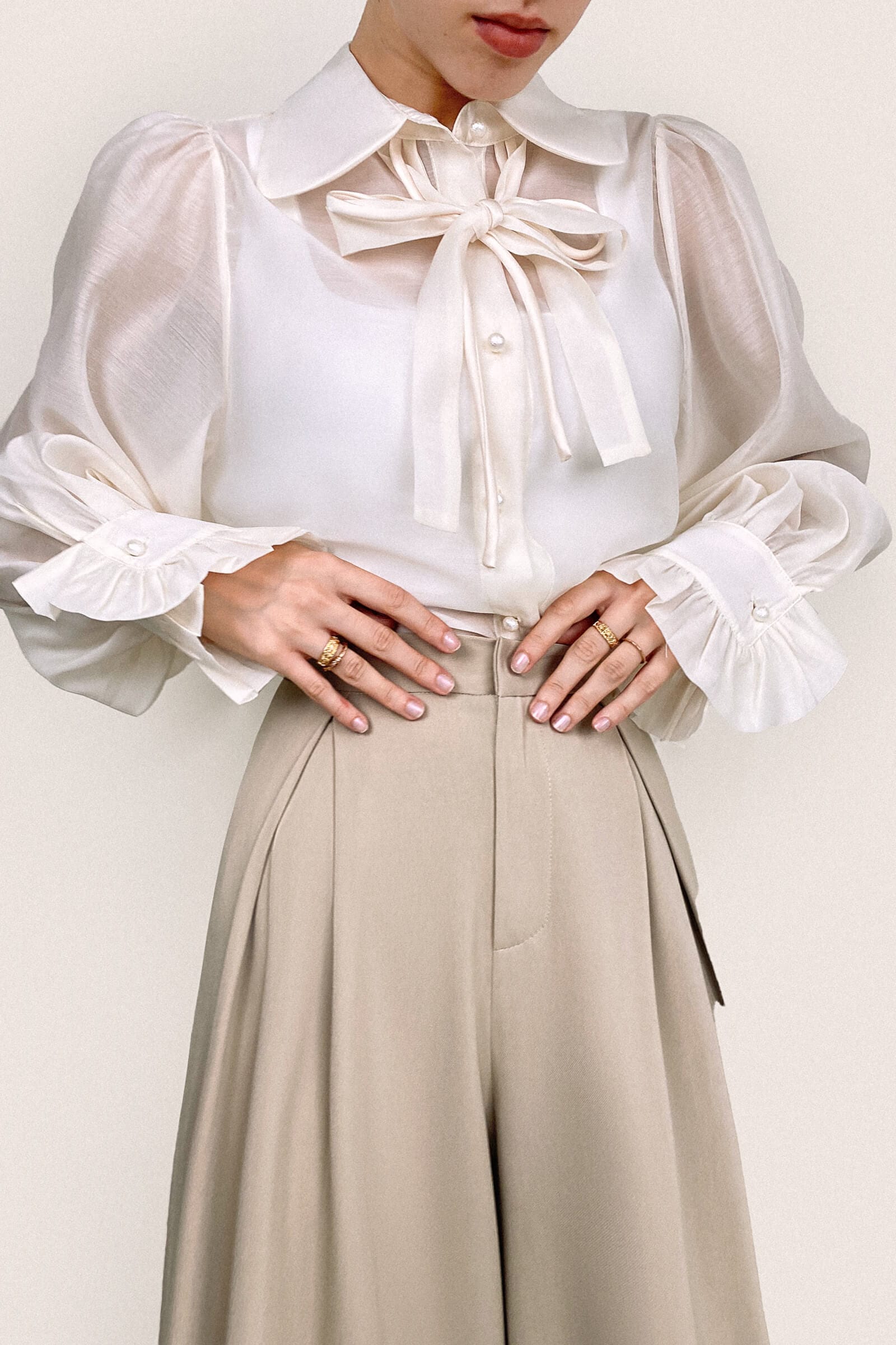 Floral White Sheer Button-Up Tie Neck Blouse