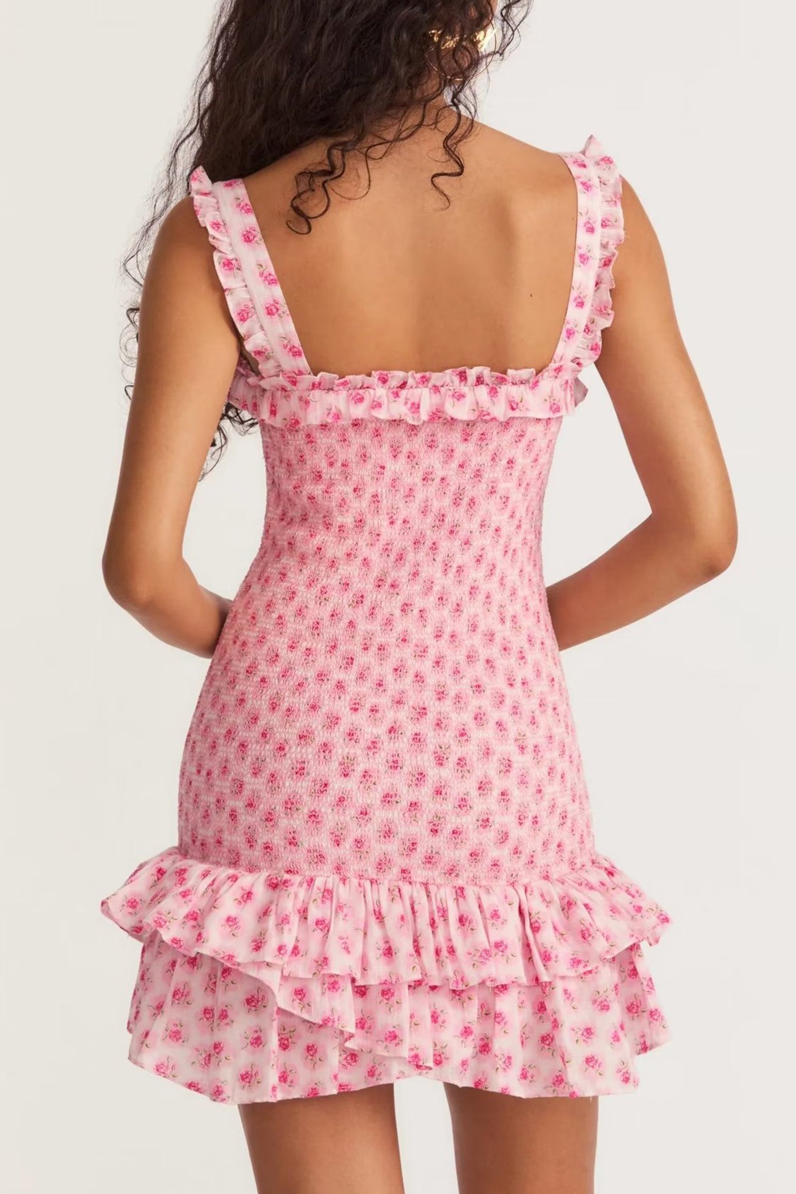 Pink Ruched Bodycon Ruffled Mini Dress