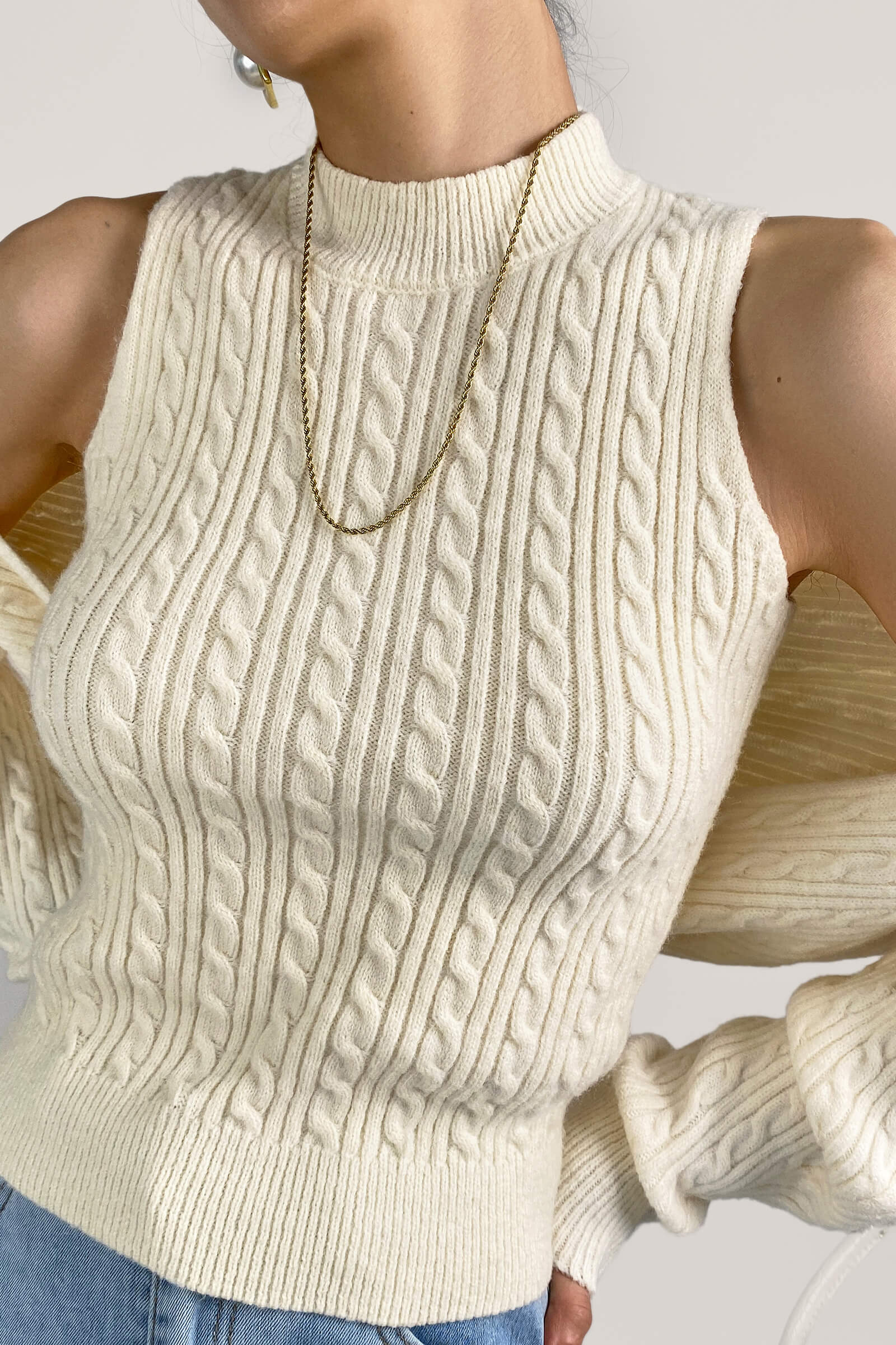 Ivory Cable Knit Shrug Cardigan & Vest Two-Piece Set
