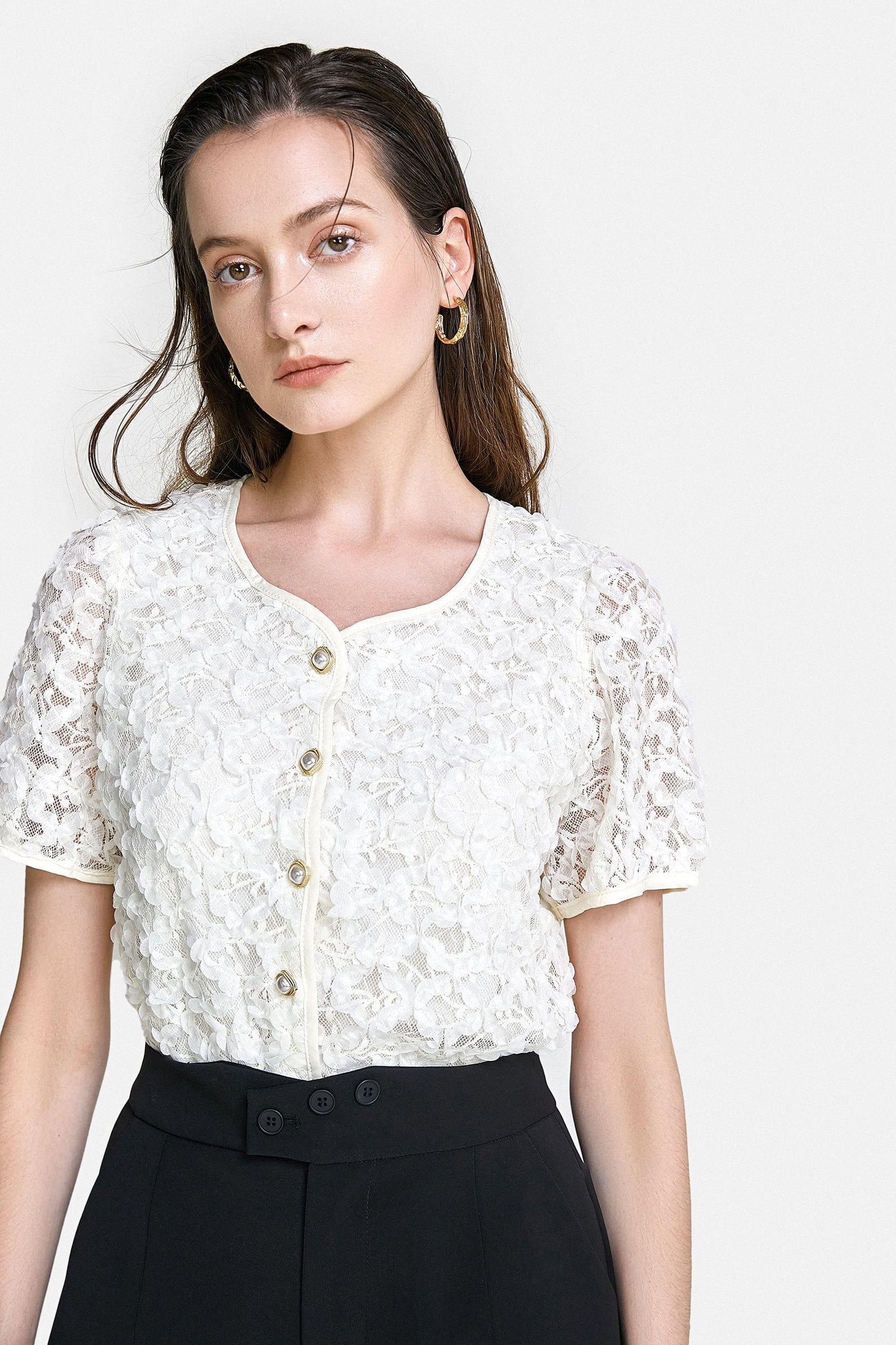 Light Yellow Textured Floral Button Front Blouse