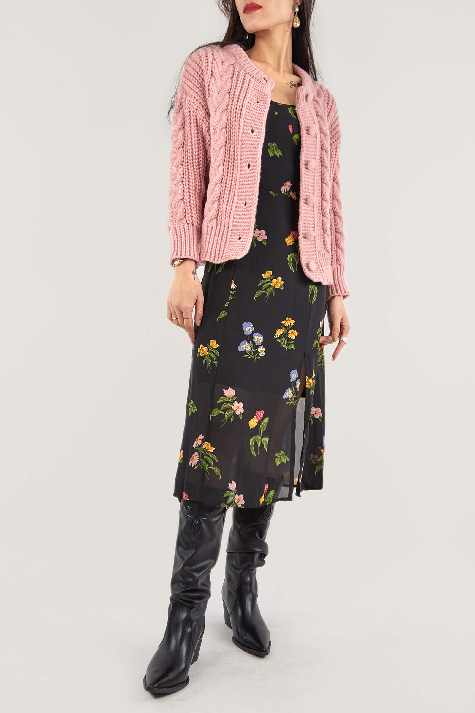 Dark Salmon Cable-Knit Button-Up Cardigan