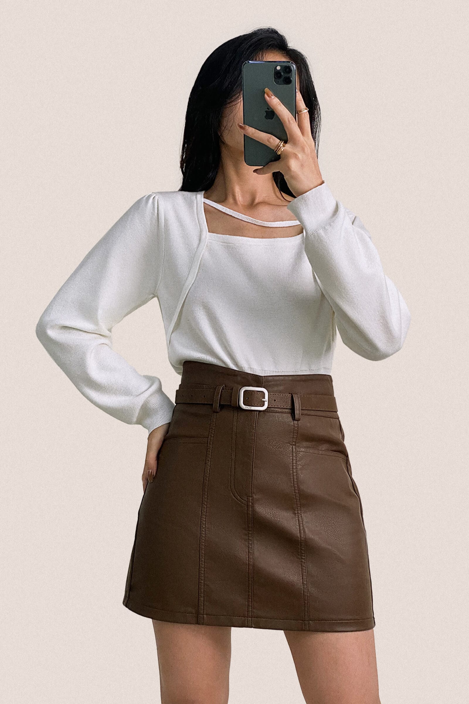 White Wool-Blend Strap Detail Asymmetric Neck Sweater