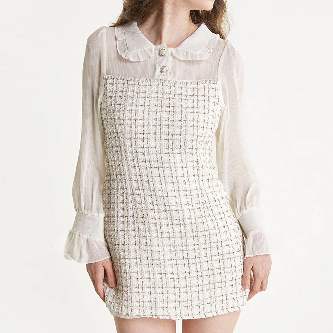 White Mesh Yoke Tweed Mini Dress